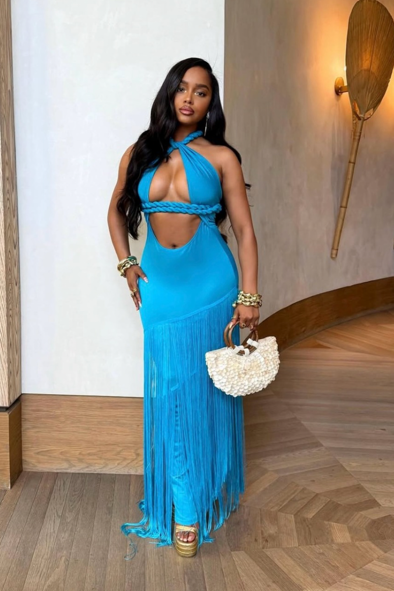 chinese dress ladies TULUM” FRINGE MAXI DRESS ( BLUE ) S-XL