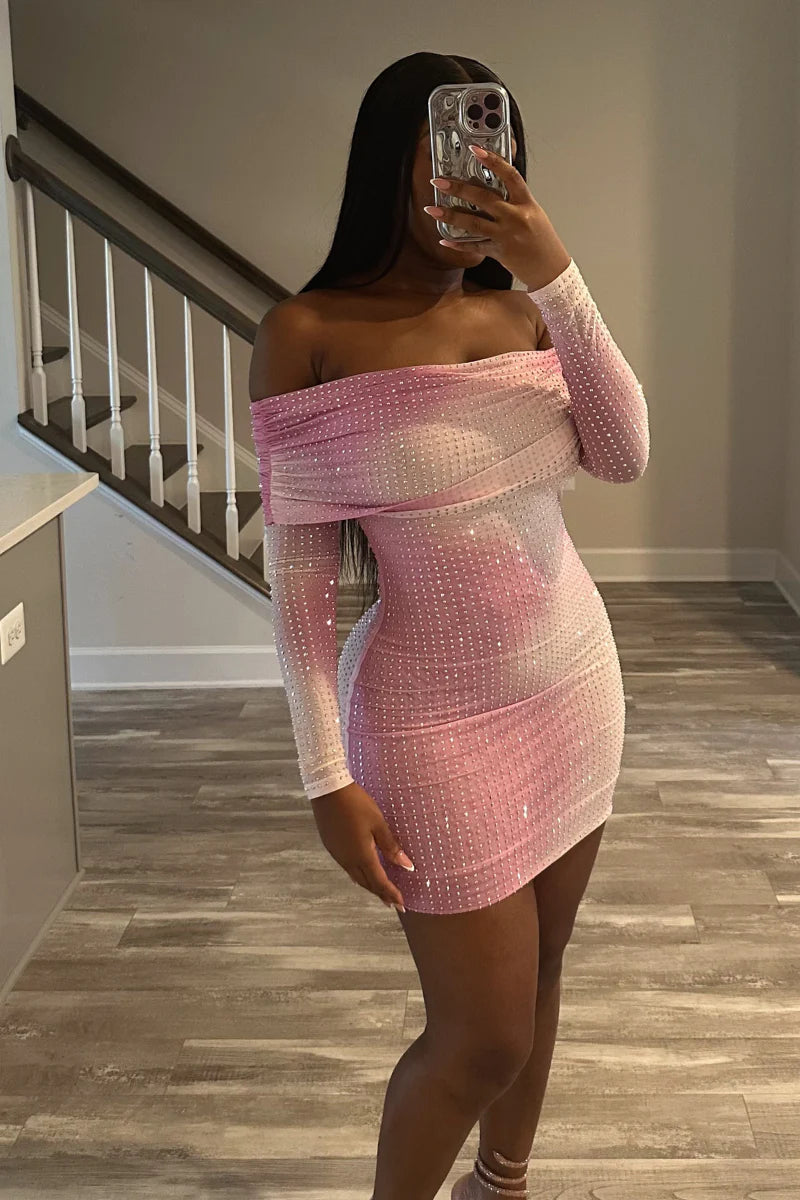 “LUNA” RHINESTONE DRESS (PINK/WHITE)