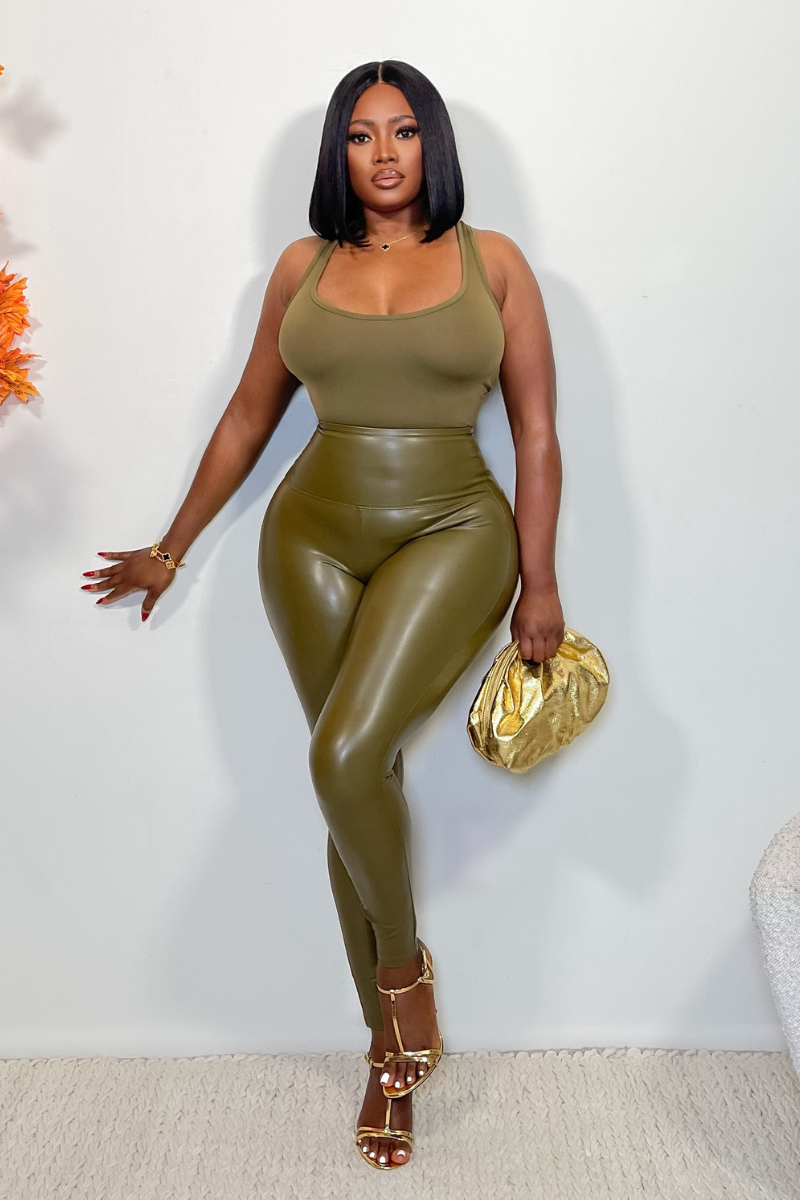 Olive green faux leather leggings clearance