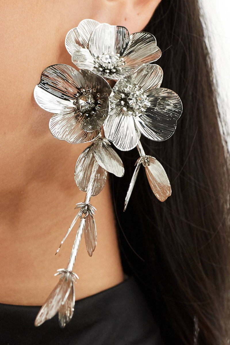 “ 3D SILVER FLOWER DROP EARRING”