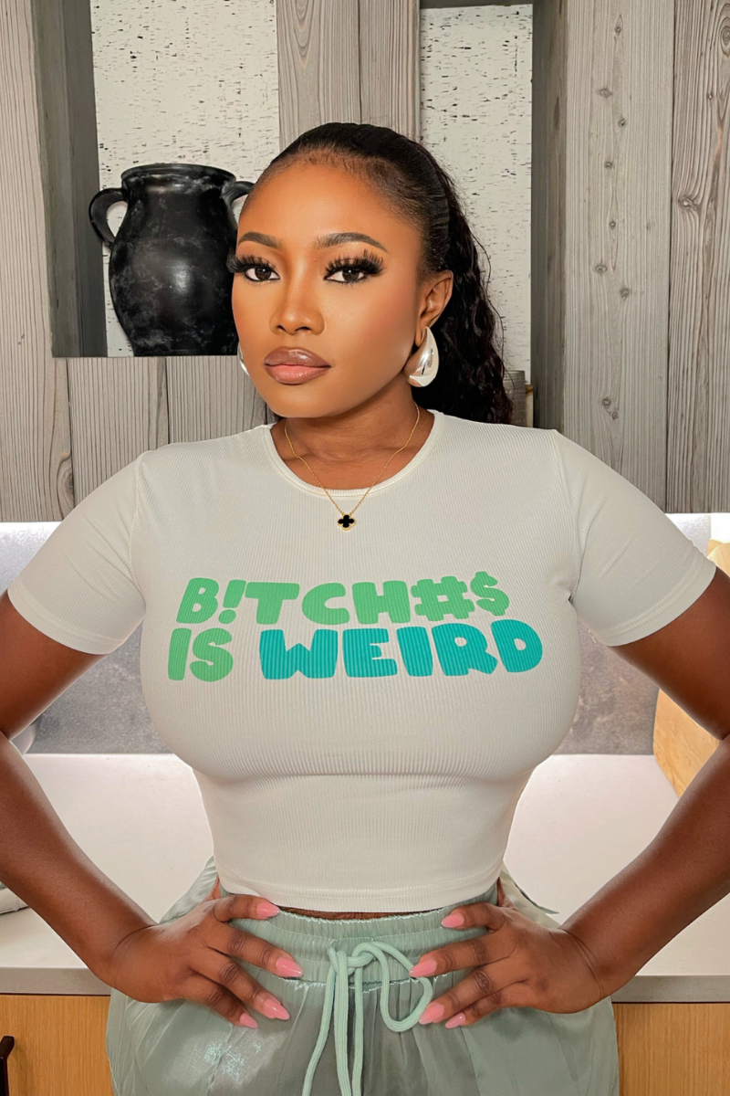 “B!TCH#$ IS WEIRD” CROP TOP (Green print)