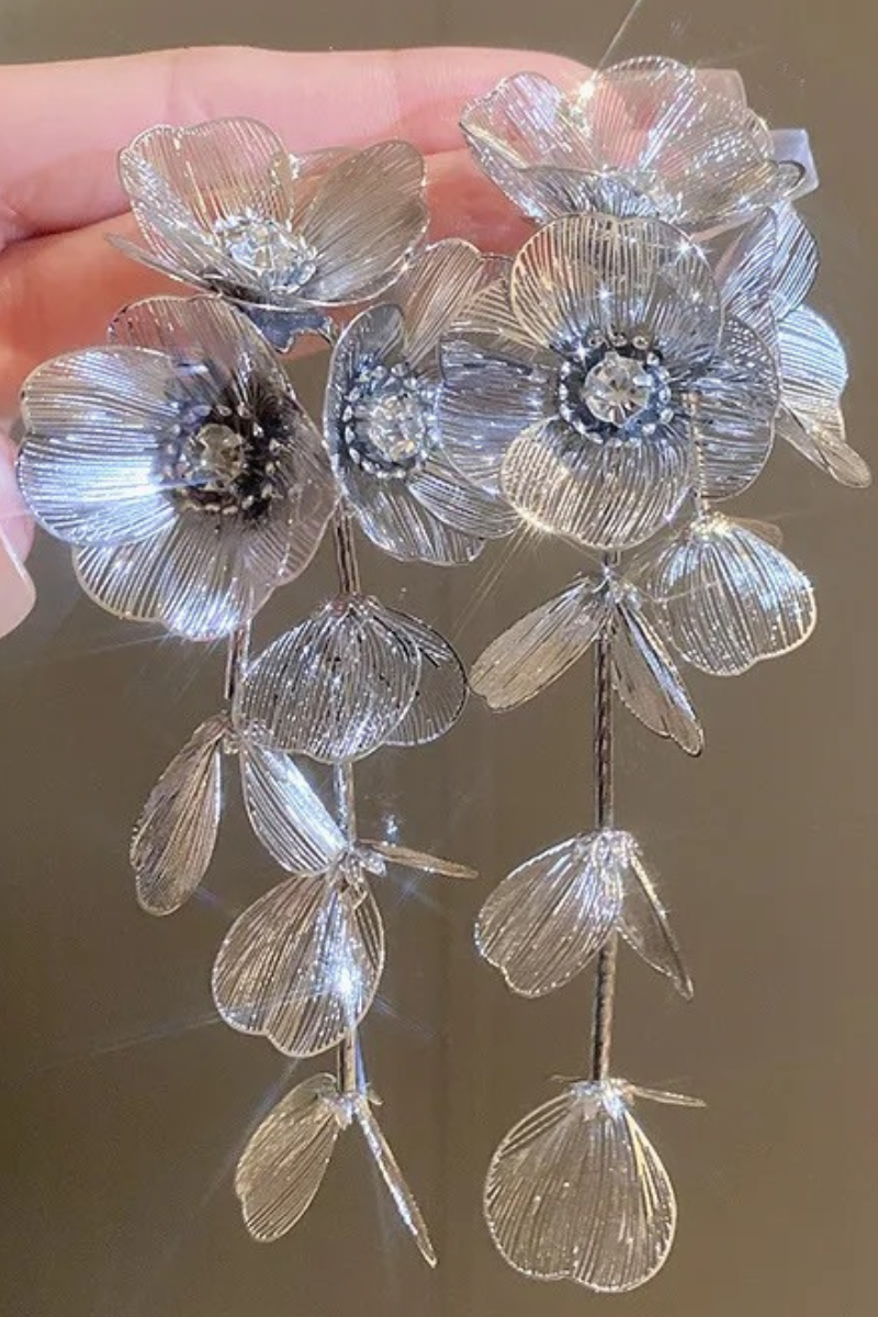 “ 3D SILVER FLOWER DROP EARRING”