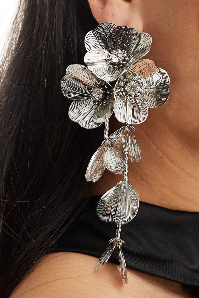 “ 3D SILVER FLOWER DROP EARRING”